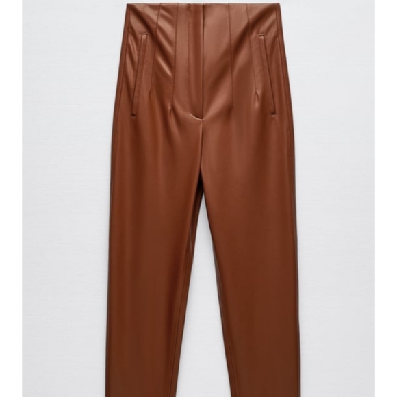 NTW Zara High Waist Cigarette Brown Leather Trouses Dress Pants - Picture 3 of 4